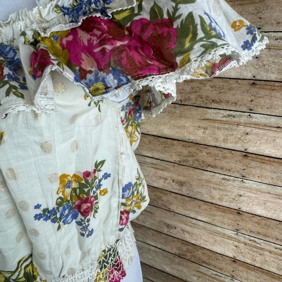 House Of Harlow 1960 Helena Ivory Floral Ruffle Top Gold Metallic Size Medium - Picture 5 of 6